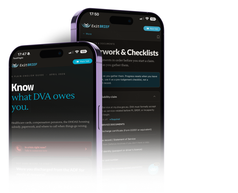 ExitBrief app — Home and Gold Card Journey screens