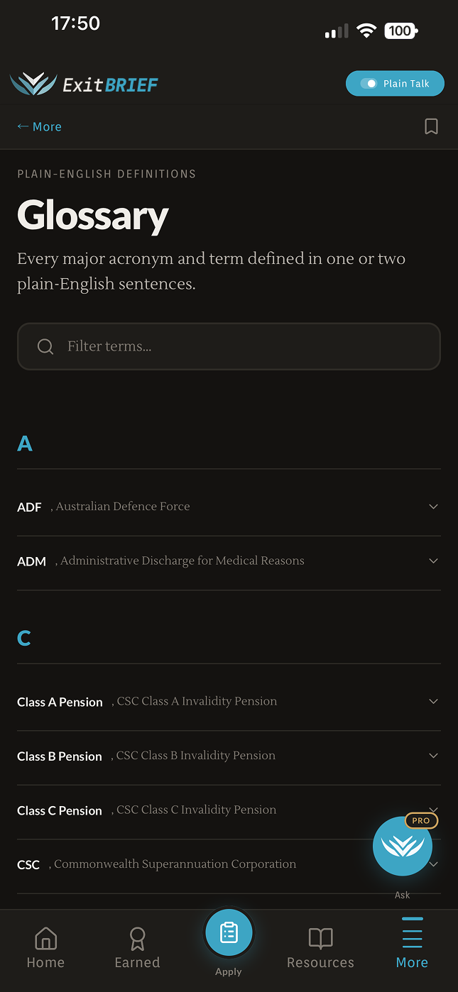 ExitBrief glossary screen