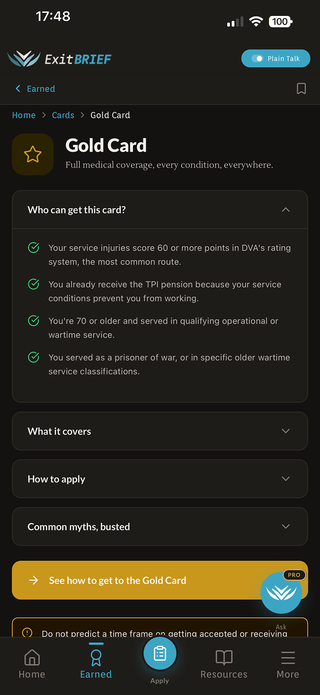 ExitBrief gold-card screen